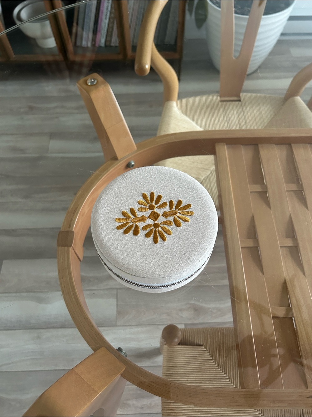 Round Beige Embroidered Jewelry Case - Mustard Floral Motif